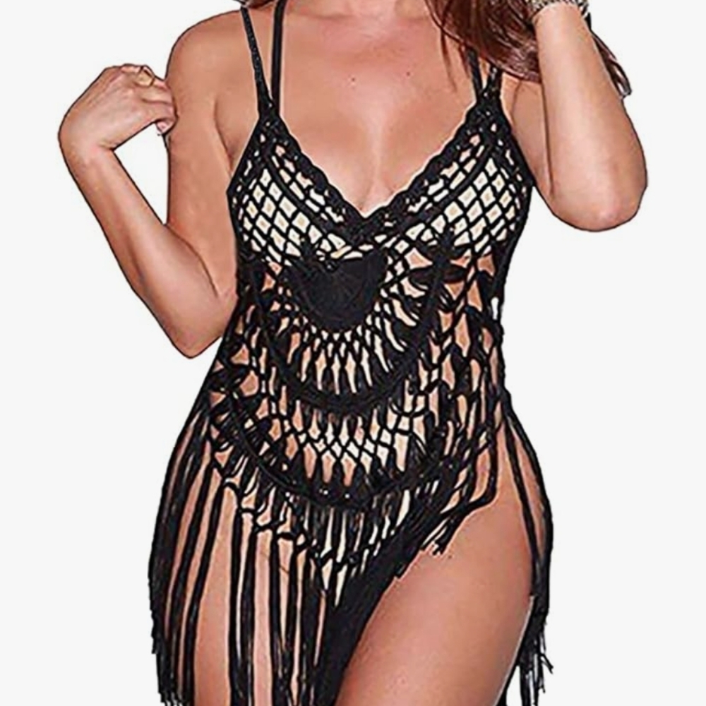 Amazon Black Crochet Swim Coverup with Fringe